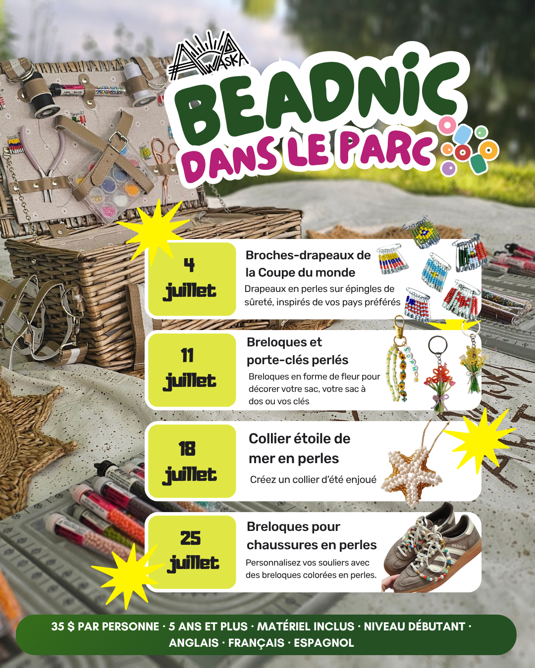 🧺 ✨🌈 Beadnic in the Park – July Beading Workshops 💛