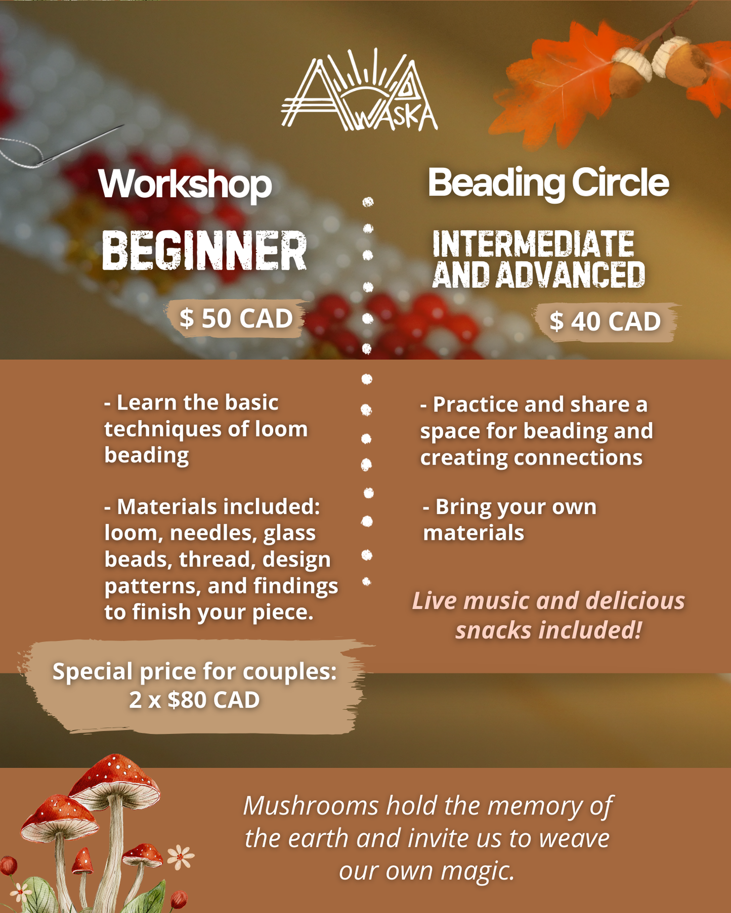 🍂🍄AUTUMN MUSHROOMS - BRACELETS BEADING WORKSHOP - OCTOBER 11 🍂🍄