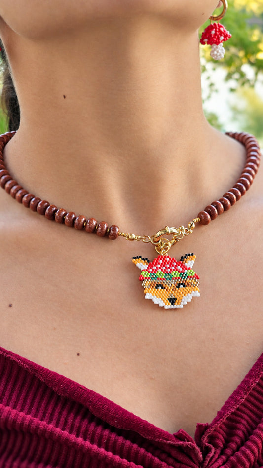 🦊 🍄 NEW - Mushroom Beaded Fox - Gemstone Necklace