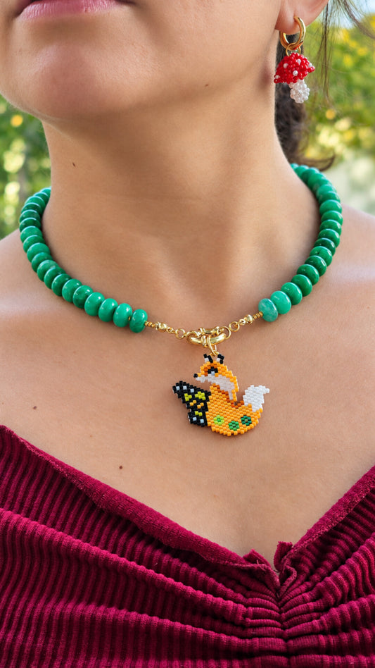 🦊🦋 NEW - Butterfly Beaded Fox - Gemstone Necklace